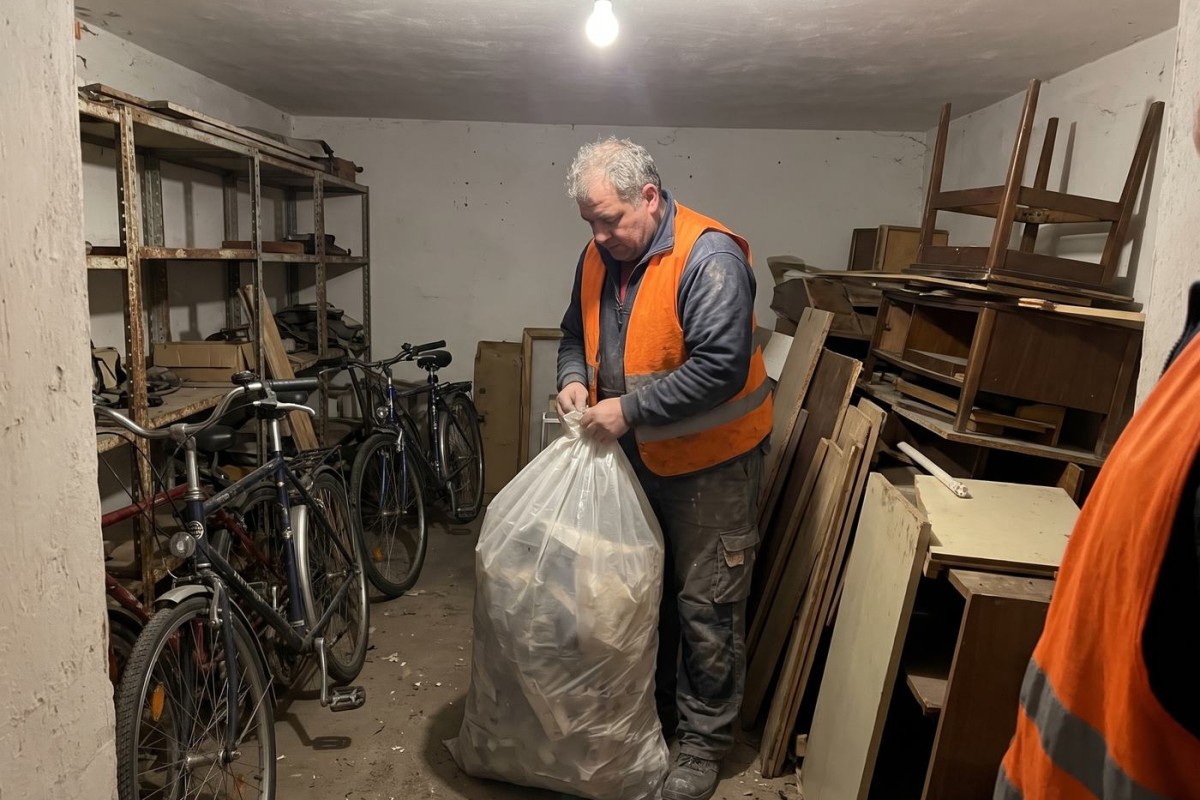 Keller in einem Kreuzberger Altbau vor der Entrümpelung: Fahrräder, Metallregale und alte Möbel in einem engen Kellergang
